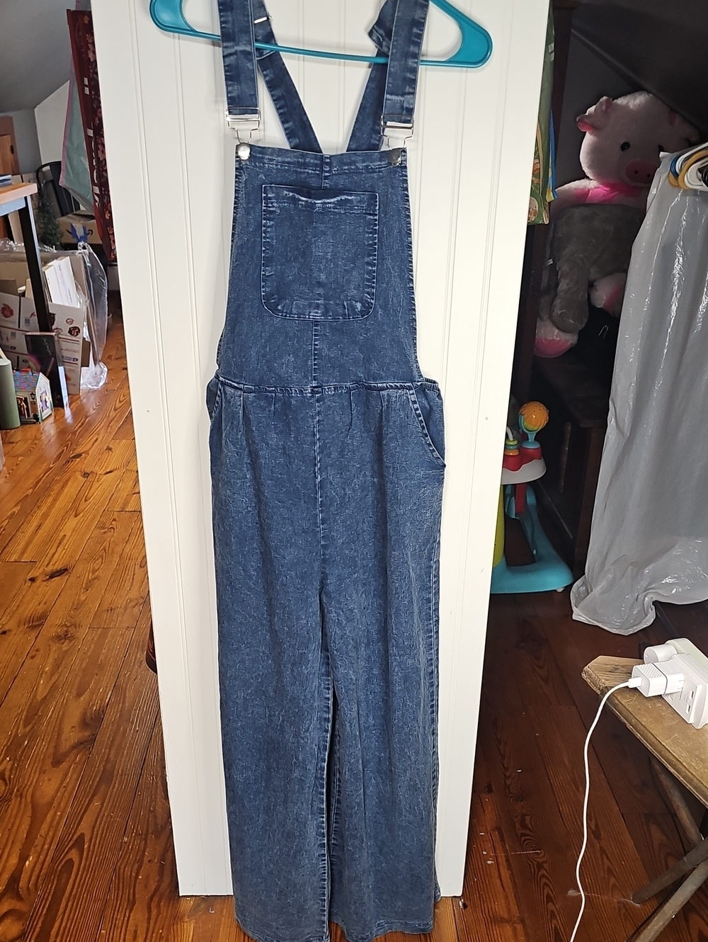 Wide-Leg Denim Overall Jumpsuit in Blue Will Fit A Medium